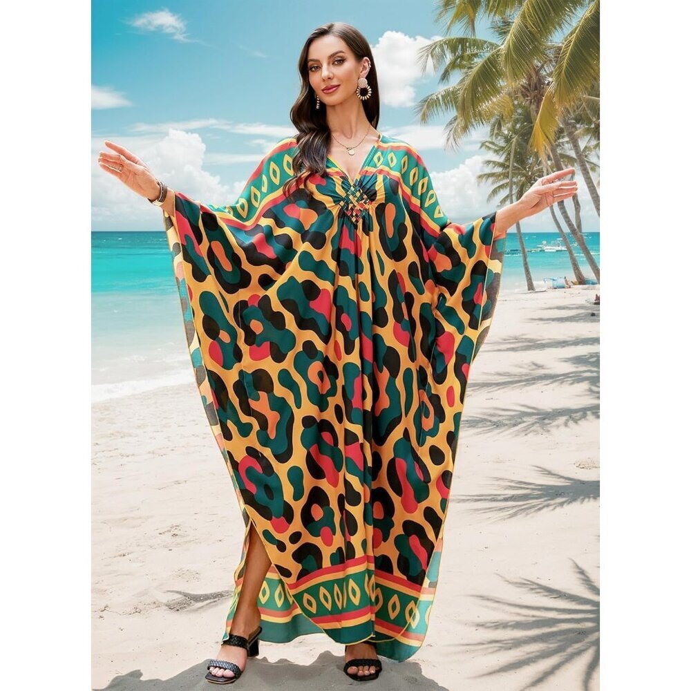 Women Orange & Green V-neck Batwing Sleeve Flowy Split Hem Bohemian Kaftan Dress - Picture 2 of 7